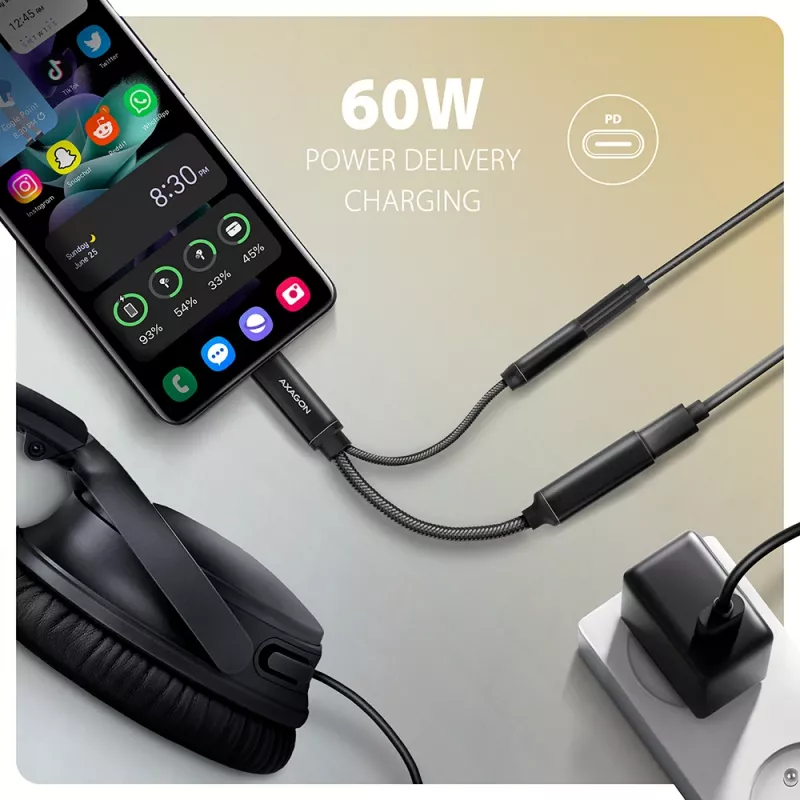 Axagon ADA-HCPD USB-C na jack 3,5 mm – adapter audio Hi-Res DAC, 384 kHz/32 bity, PD 60 W 3 A