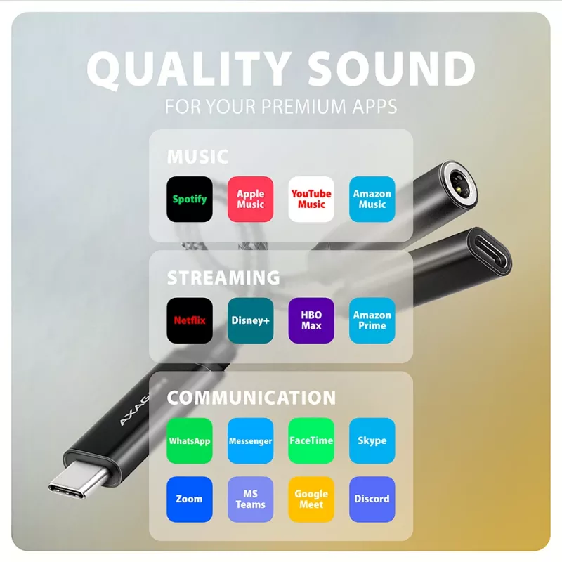 Axagon ADA-HCPD USB-C na jack 3,5 mm – adapter audio Hi-Res DAC, 384 kHz/32 bity, PD 60 W 3 A