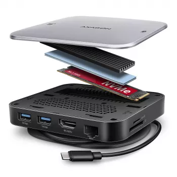 Axagon HMC-UFO USB-C Hub M.2 SATA/NVMe 1 Gbit/s Ethernet 384 kHz Audio Wired USB 3.2 Gen 2 (3.1 Gen 2) Type-C Czarny
