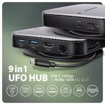 Axagon HMC-UFO USB-C Hub M.2 SATA/NVMe 1 Gbit/s Ethernet 384 kHz Audio Wired USB 3.2 Gen 2 (3.1 Gen 2) Type-C Czarny