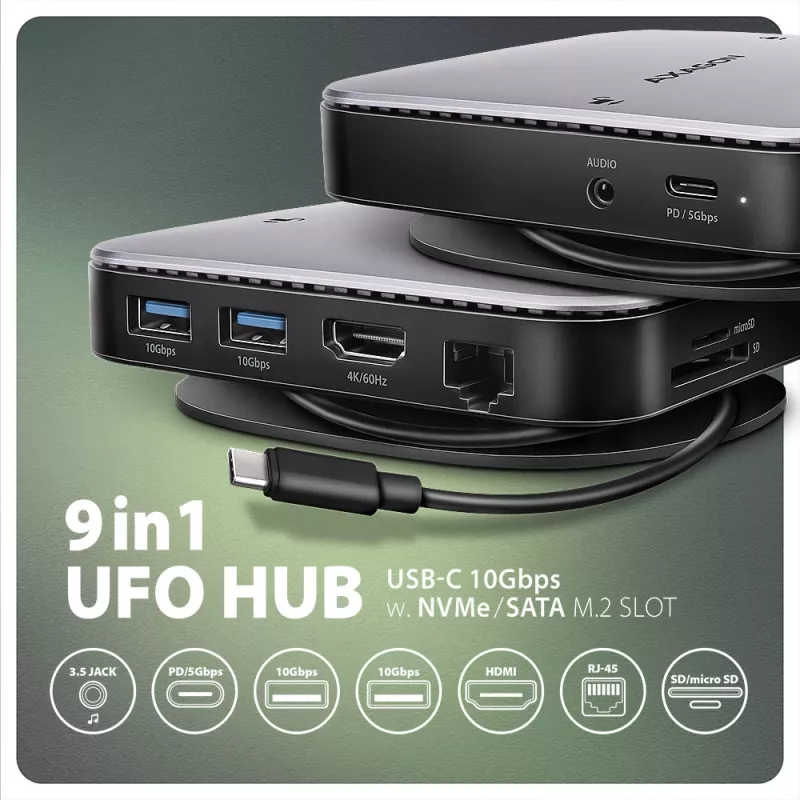 Axagon HMC-UFO USB-C Hub M.2 SATA/NVMe 1 Gbit/s Ethernet 384 kHz Audio Wired USB 3.2 Gen 2 (3.1 Gen 2) Type-C Czarny