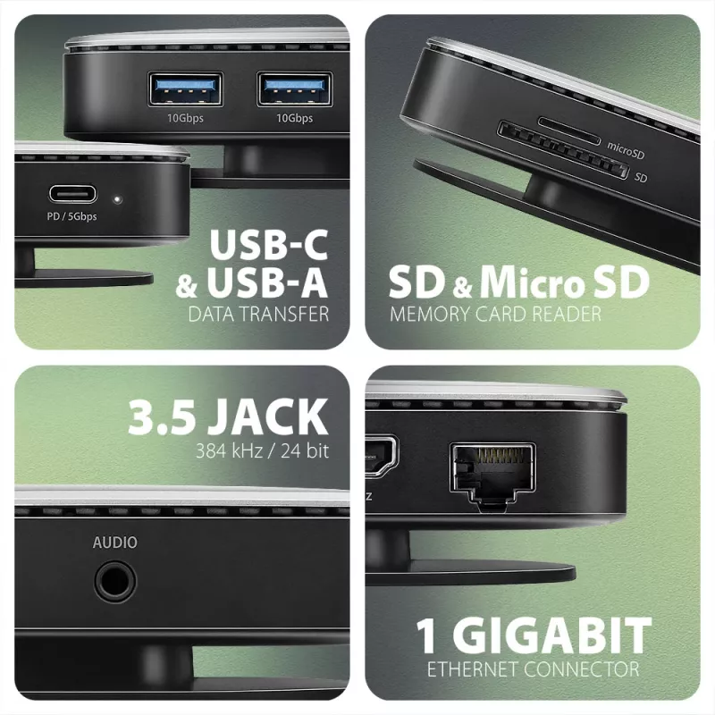 Axagon HMC-UFO USB-C Hub M.2 SATA/NVMe 1 Gbit/s Ethernet 384 kHz Audio Wired USB 3.2 Gen 2 (3.1 Gen 2) Type-C Czarny