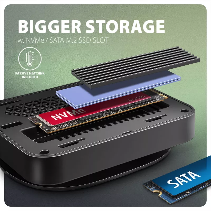 Axagon HMC-UFO USB-C Hub M.2 SATA/NVMe 1 Gbit/s Ethernet 384 kHz Audio Wired USB 3.2 Gen 2 (3.1 Gen 2) Type-C Czarny