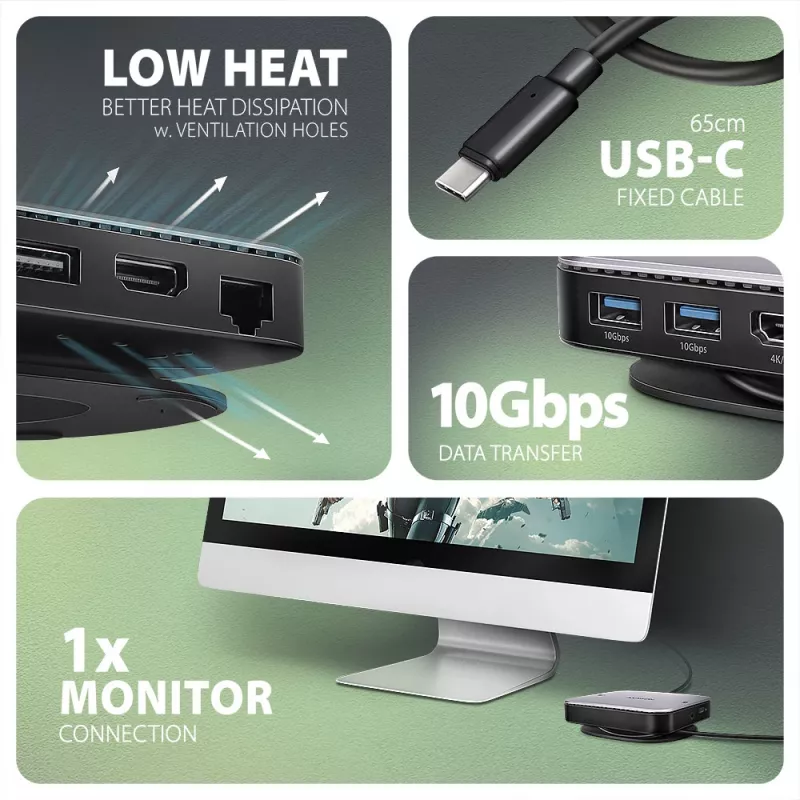 Axagon HMC-UFO USB-C Hub M.2 SATA/NVMe 1 Gbit/s Ethernet 384 kHz Audio Wired USB 3.2 Gen 2 (3.1 Gen 2) Type-C Czarny
