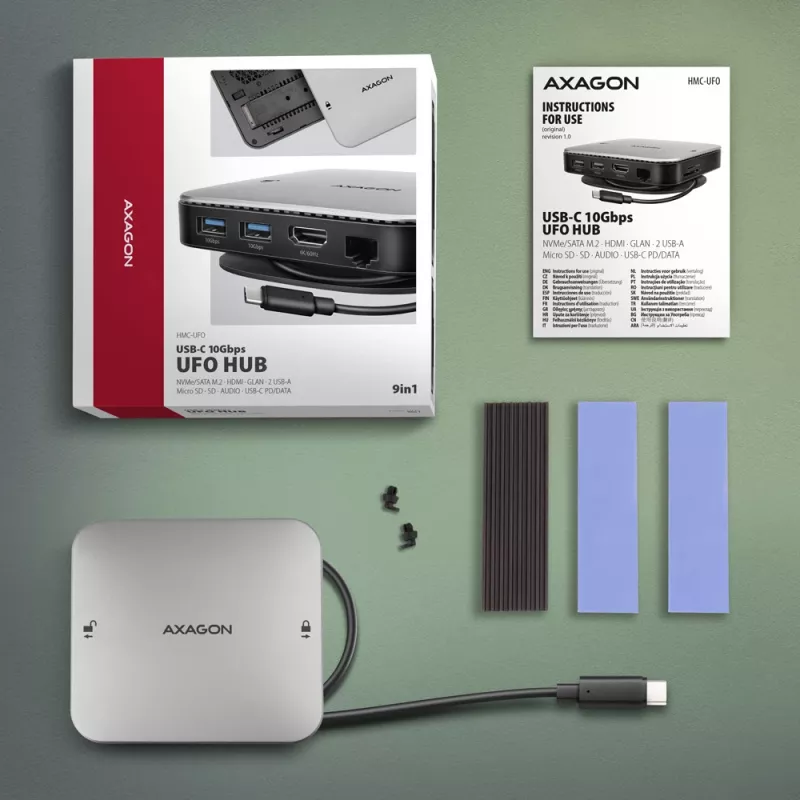Axagon HMC-UFO USB-C Hub M.2 SATA/NVMe 1 Gbit/s Ethernet 384 kHz Audio Wired USB 3.2 Gen 2 (3.1 Gen 2) Type-C Czarny
