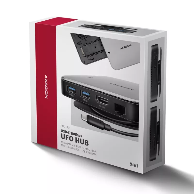 Axagon HMC-UFO USB-C Hub M.2 SATA/NVMe 1 Gbit/s Ethernet 384 kHz Audio Wired USB 3.2 Gen 2 (3.1 Gen 2) Type-C Czarny