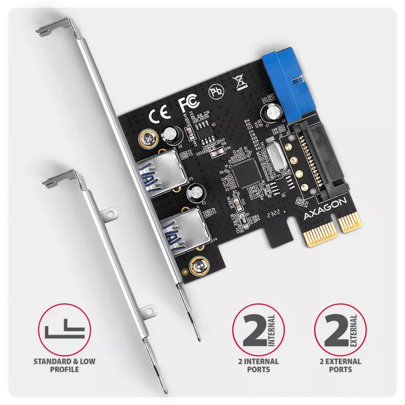 Axagon PCEU-232RS Kontroler PCIe 2x zewn. + 2x wewn. USB 5Gbps