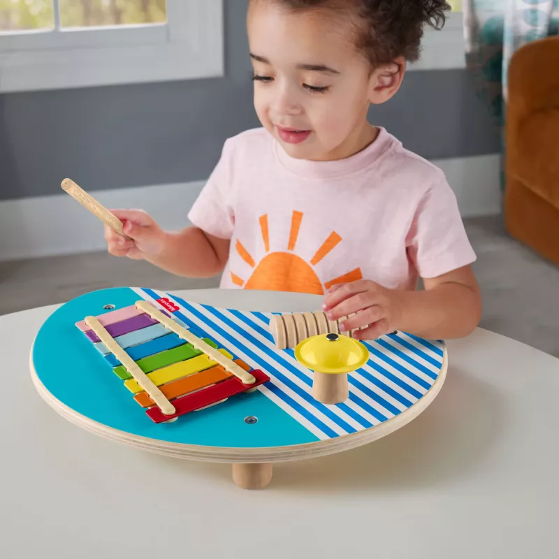 Fisher-Price Drewniany Stół Muzyczny z Zabawkami Instrumentami Perkusyjnymi, 3 Drewniane Elementy