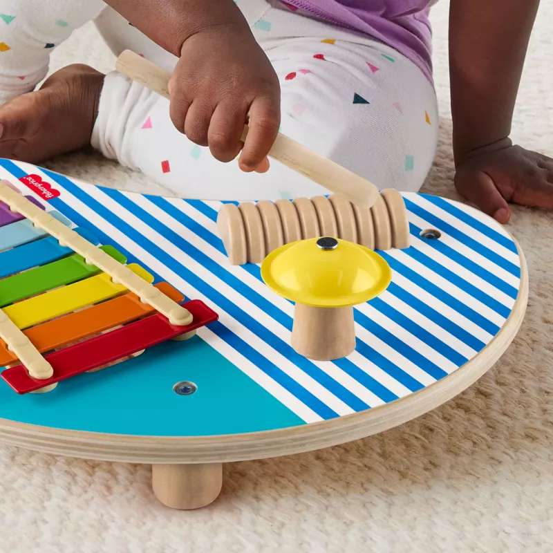 Fisher-Price Drewniany Stół Muzyczny z Zabawkami Instrumentami Perkusyjnymi, 3 Drewniane Elementy
