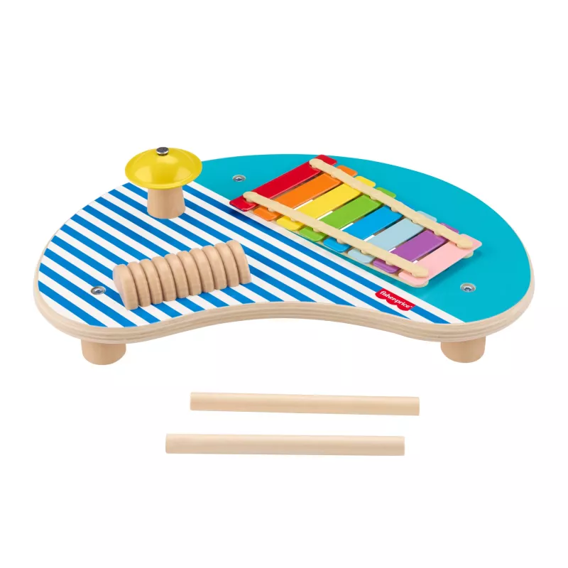 Fisher-Price Drewniany Stół Muzyczny z Zabawkami Instrumentami Perkusyjnymi, 3 Drewniane Elementy
