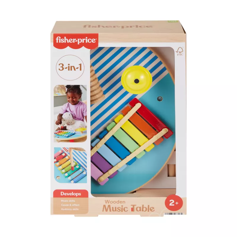 Fisher-Price Drewniany Stół Muzyczny z Zabawkami Instrumentami Perkusyjnymi, 3 Drewniane Elementy