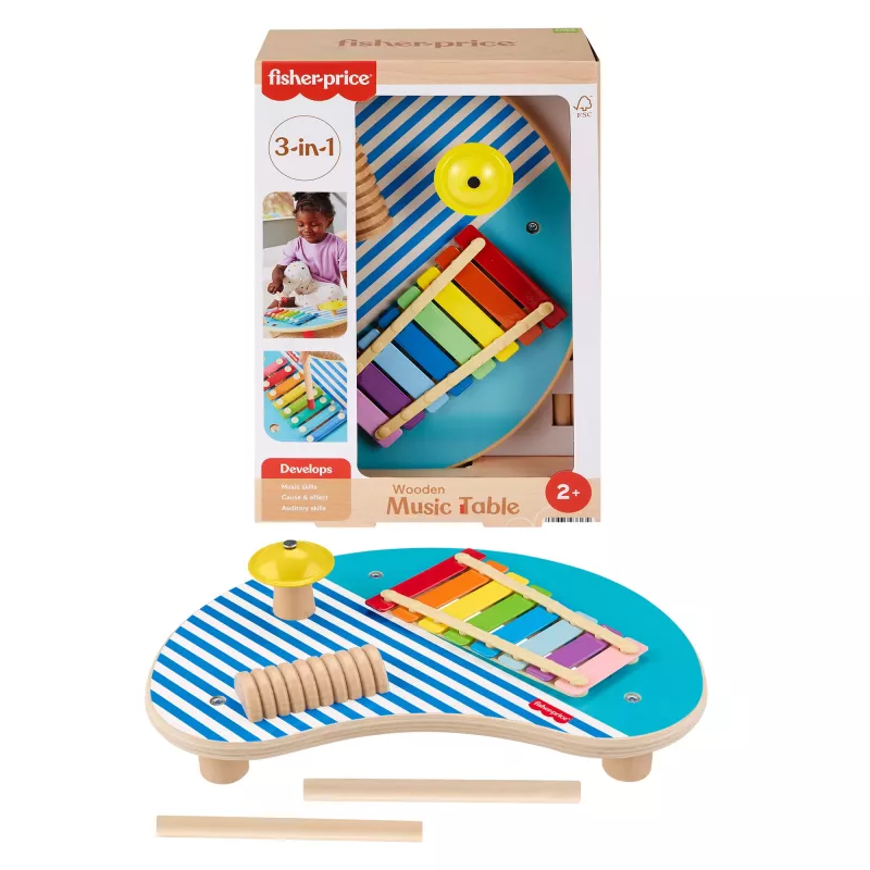 Fisher-Price Drewniany Stół Muzyczny z Zabawkami Instrumentami Perkusyjnymi, 3 Drewniane Elementy