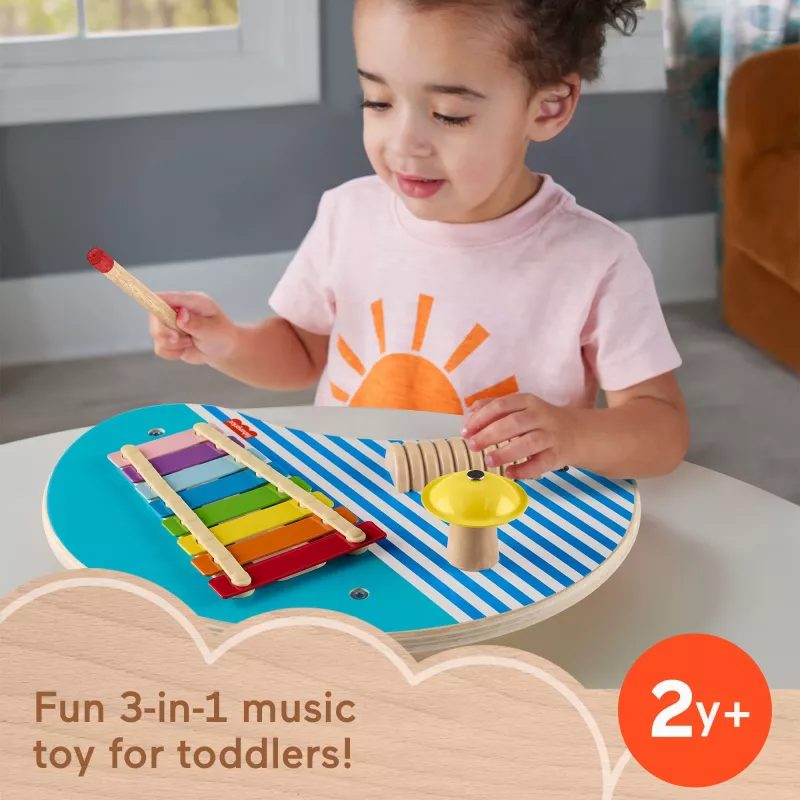 Fisher-Price Drewniany Stół Muzyczny z Zabawkami Instrumentami Perkusyjnymi, 3 Drewniane Elementy