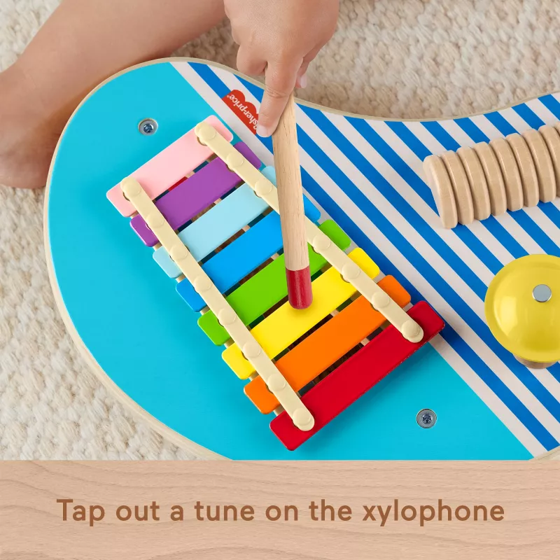 Fisher-Price Drewniany Stół Muzyczny z Zabawkami Instrumentami Perkusyjnymi, 3 Drewniane Elementy