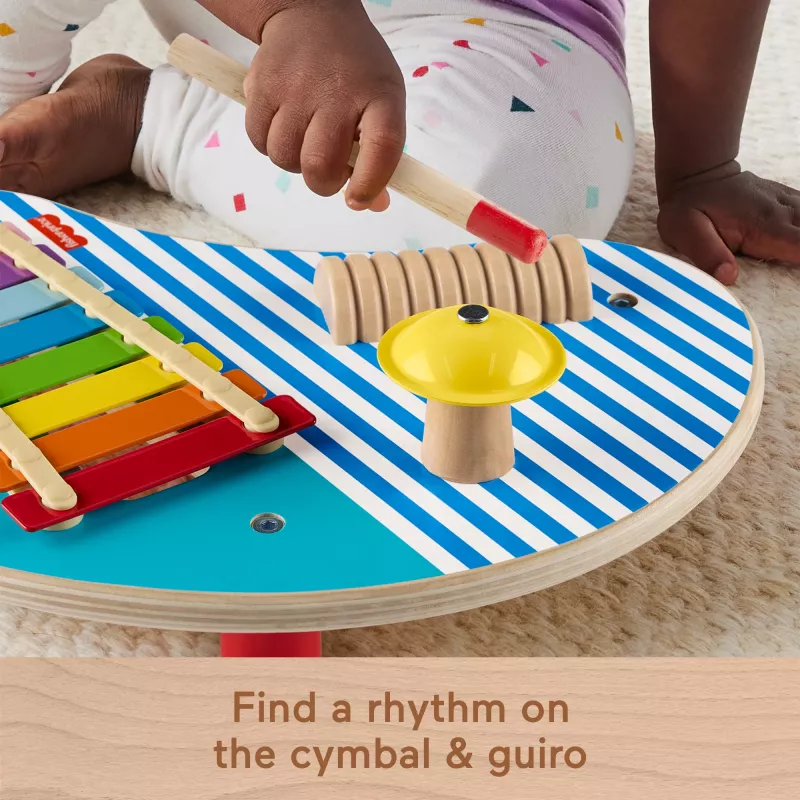 Fisher-Price Drewniany Stół Muzyczny z Zabawkami Instrumentami Perkusyjnymi, 3 Drewniane Elementy