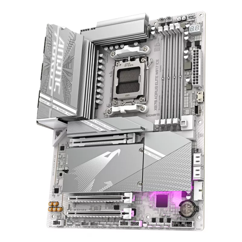 Płyta główna GIGABYTE X870 AORUS ELITE WIFI7 ICE - obsługuje procesory AMD Ryzen 9000, 16+2+2 fazy cyfrowego VRM, do 8200 MHz DDR5 (OC), 3xPCIe 5.0 + 1xPCIe 4.0, Wi-Fi 7, 2,5GbE LAN, USB 4