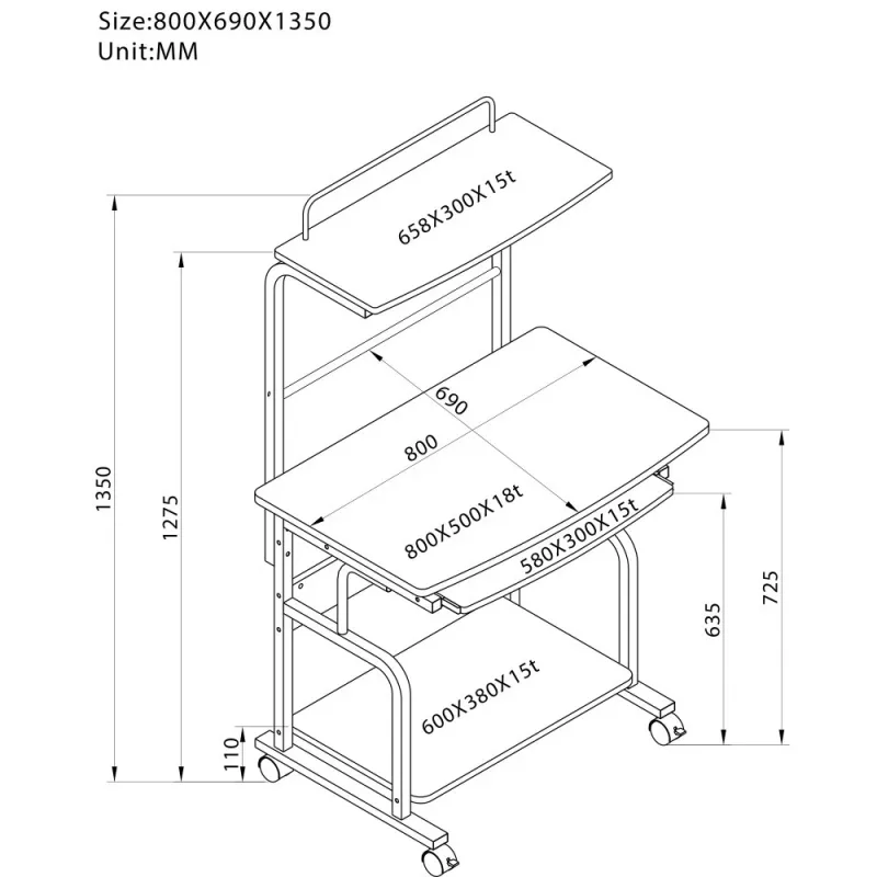 Techly Compact Multi-Function Computer Desk, Glossy Czarny ICA-TB 7800BK