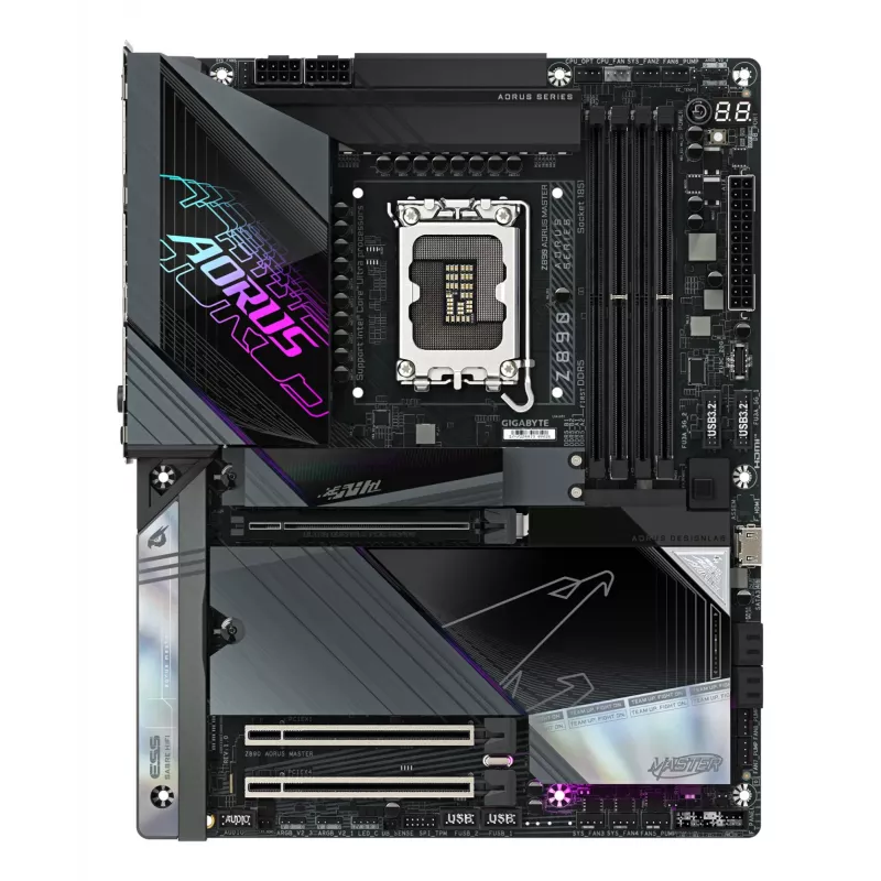 Płyta główna GIGABYTE Z890 AORUS MASTER – obsługuje procesory Intel Core Ultra (seria 2), 18+1+2-fazowy VRM, DDR5 do 9500 MHz (OC), 2xPCIe 5.0 + 3xPCIe 4.0, Wi-Fi 7, LAN 10GbE, Thunderbolt 4
