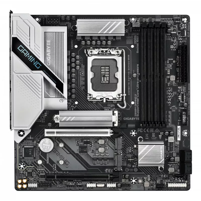 Płyta główna GIGABYTE Z890M GAMING X — obsługa procesorów Intel Core Ultra (Series 2), 8+1+2 faz VRM, do 8800 MHz DDR5 (OC), 1xPCIe 5.0 + 2xPCIe 4.0, LAN 2,5GbE, USB 3.2 Gen 1
