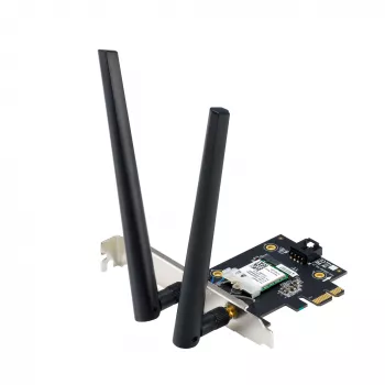 Wewnętrzny adapter WLAN Bluetooth ASUS PCE-BE6500 — PCIe, trójzakresowy Wi‑Fi 6E/7 (2,4/5/6 GHz), Bluetooth 5.4, 2882 Mbps, antena zewnętrzna, czarny