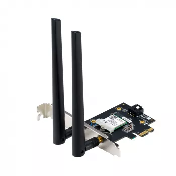 Wewnętrzny adapter WLAN Bluetooth ASUS PCE-BE6500 — PCIe, trójzakresowy Wi‑Fi 6E/7 (2,4/5/6 GHz), Bluetooth 5.4, 2882 Mbps, antena zewnętrzna, czarny