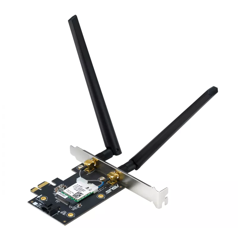 Wewnętrzny adapter WLAN Bluetooth ASUS PCE-BE6500 — PCIe, trójzakresowy Wi‑Fi 6E/7 (2,4/5/6 GHz), Bluetooth 5.4, 2882 Mbps, antena zewnętrzna, czarny