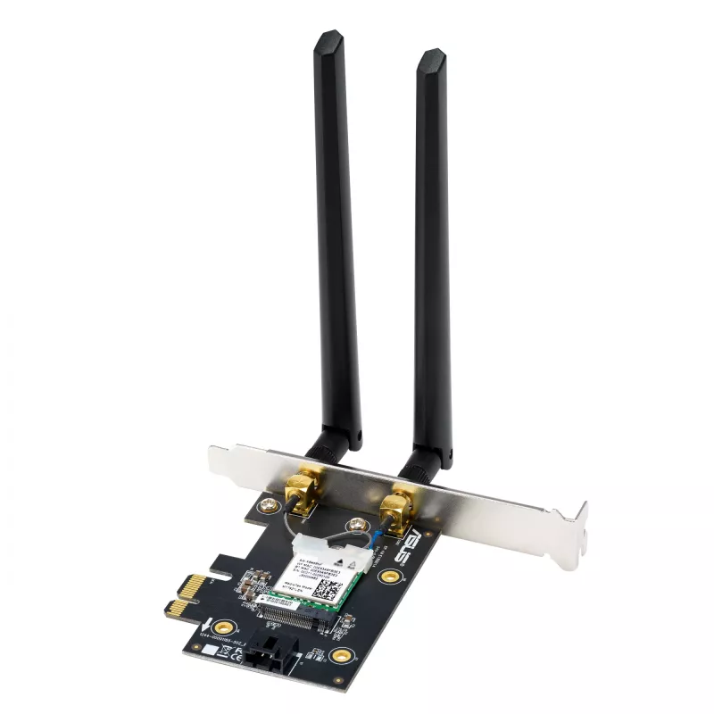 Wewnętrzny adapter WLAN Bluetooth ASUS PCE-BE6500 — PCIe, trójzakresowy Wi‑Fi 6E/7 (2,4/5/6 GHz), Bluetooth 5.4, 2882 Mbps, antena zewnętrzna, czarny