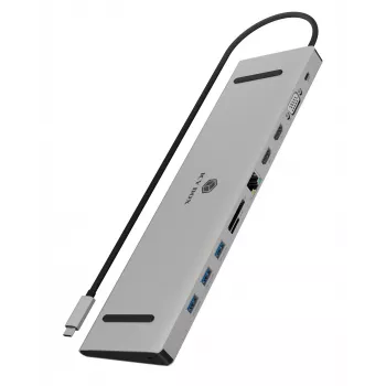 ICY BOX 11-in-1 via USB Type-C, Przewodowy, USB 3.2 Gen 1 (3.1 Gen 1) Type-C, 100 W, 3.5 mm, 10,100,1000 Mbit/s, Antracyt, Czarny