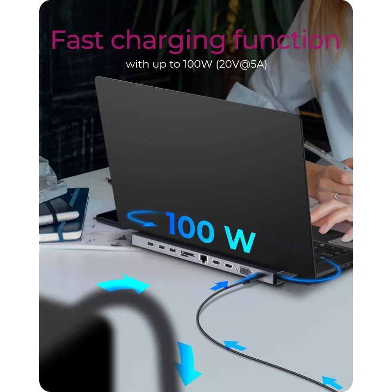 ICY BOX 11-in-1 via USB Type-C, Przewodowy, USB 3.2 Gen 1 (3.1 Gen 1) Type-C, 100 W, 3.5 mm, 10,100,1000 Mbit/s, Antracyt, Czarny