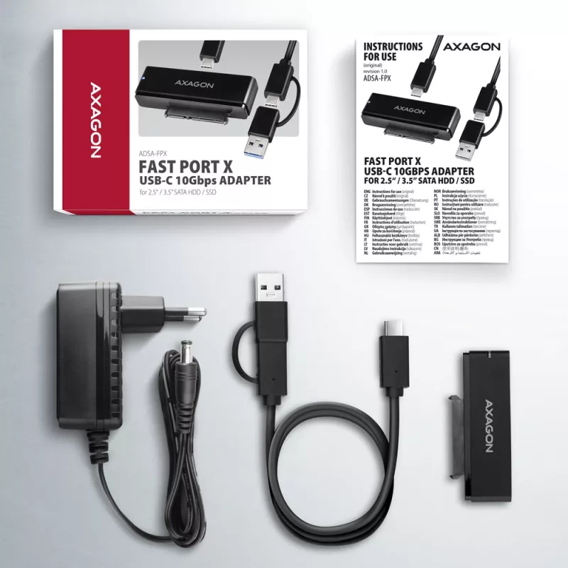 Axagon ADSA-FPX USB-C 10Gbps FAST PORT X adapter dla dysków SSD/HDD 2,5 inch/3,5 inch