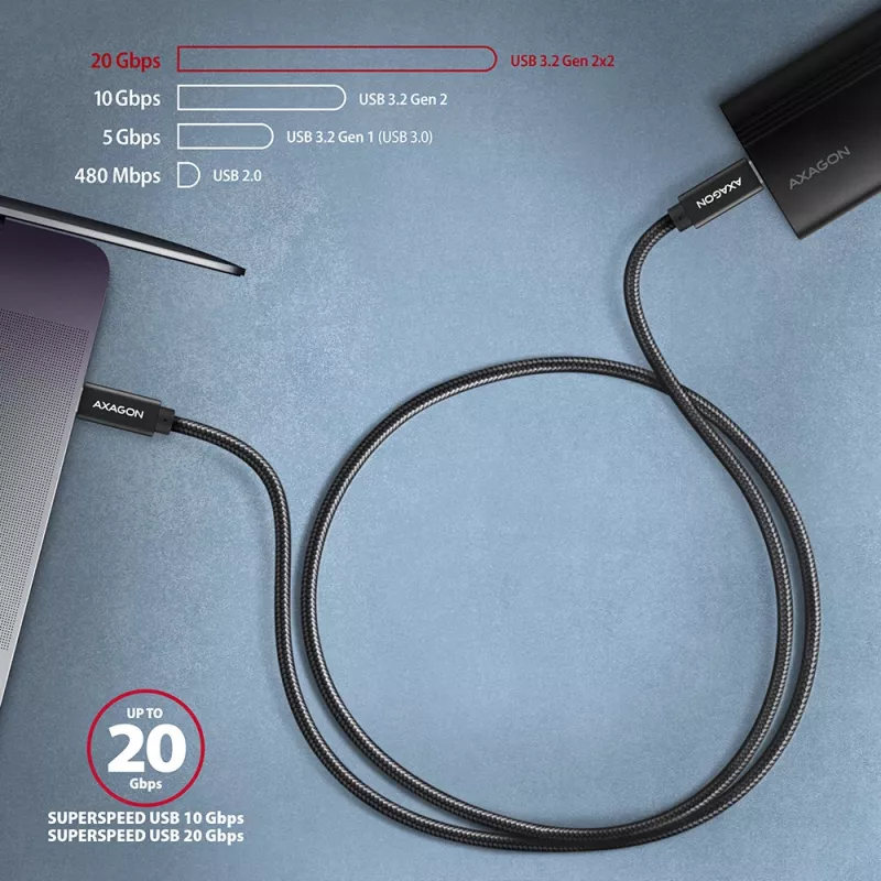 Axagon BUCM32-CM05AB SPEED+ USB-C <> USB 20Gbps/100W kabel 0.5 m