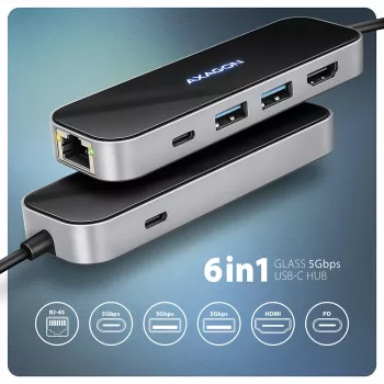 Axagon HMC-6GLN USB 5Gbps hub, 2x USB-A, USB-C, HDMI 4k/60Hz, RJ-45, PD 100W, kabel USB-C