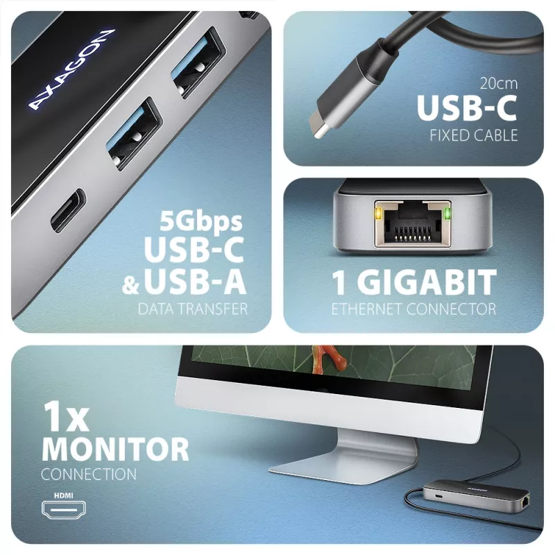 Axagon HMC-6GLN USB 5Gbps hub, 2x USB-A, USB-C, HDMI 4k/60Hz, RJ-45, PD 100W, kabel USB-C