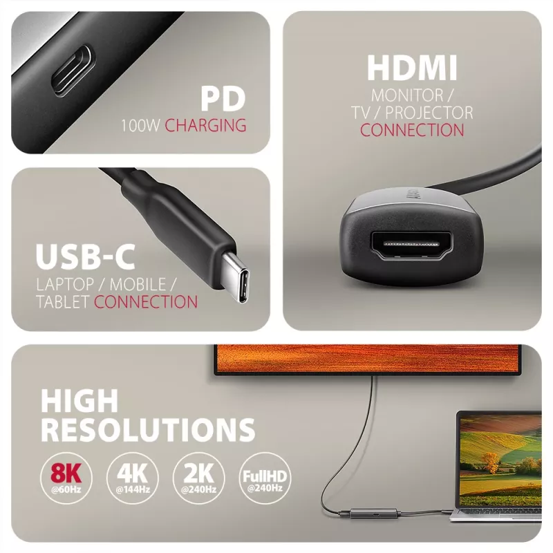 Axagon RVC-HI8KPD, adapter USB-C -> HDMI 2.1, 8K/60Hz, 4K/144Hz, HDR10+, PD100W