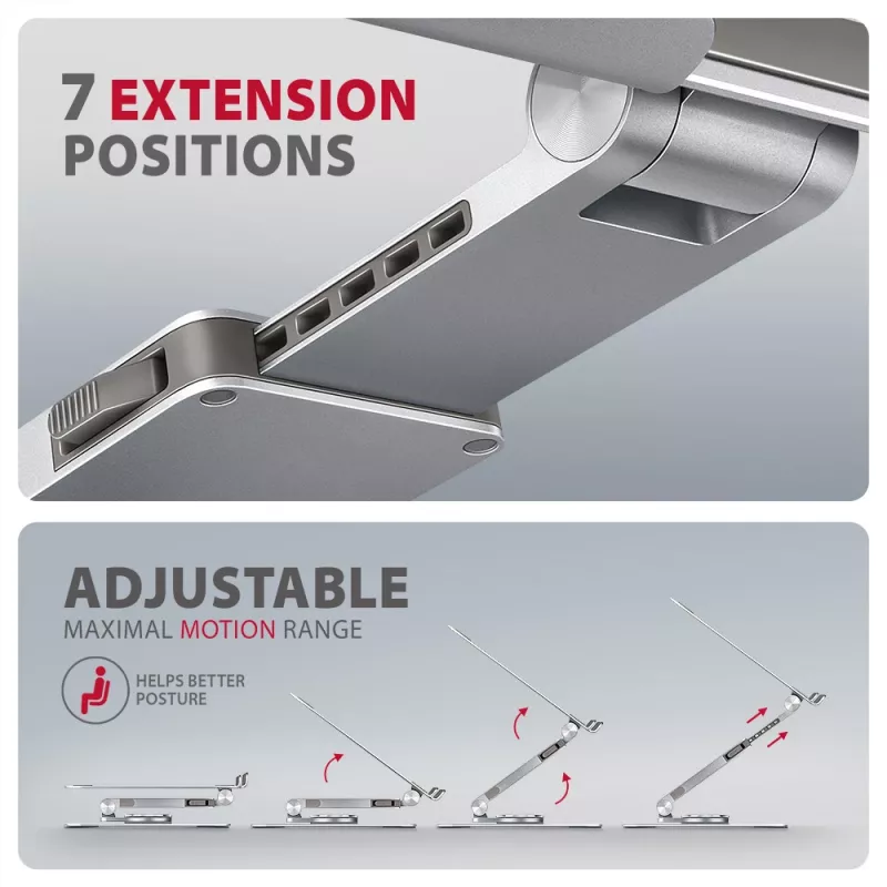 Axagon STND-LR Aluminiowa podstawka z obrotem 360° do laptopów 10″–17.3″. Regulowana wysokość i kąt.