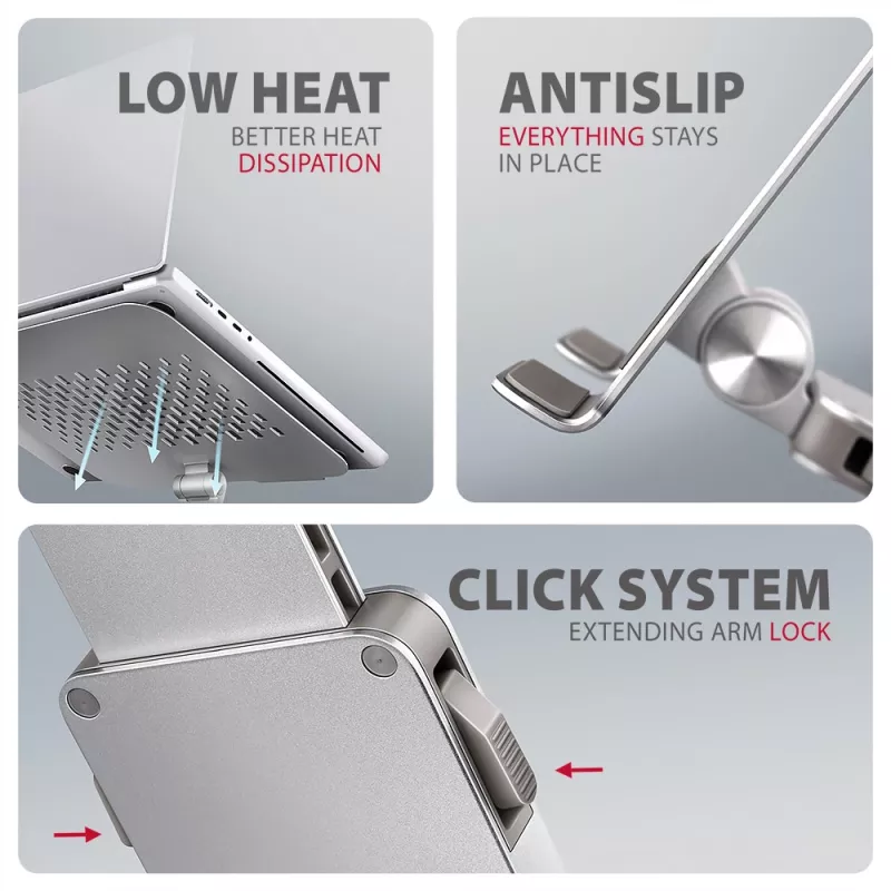 Axagon STND-LR Aluminiowa podstawka z obrotem 360° do laptopów 10″–17.3″. Regulowana wysokość i kąt.