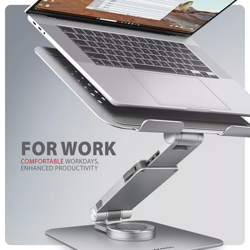 Axagon STND-LR Aluminiowa podstawka z obrotem 360° do laptopów 10″–17.3″. Regulowana wysokość i kąt.