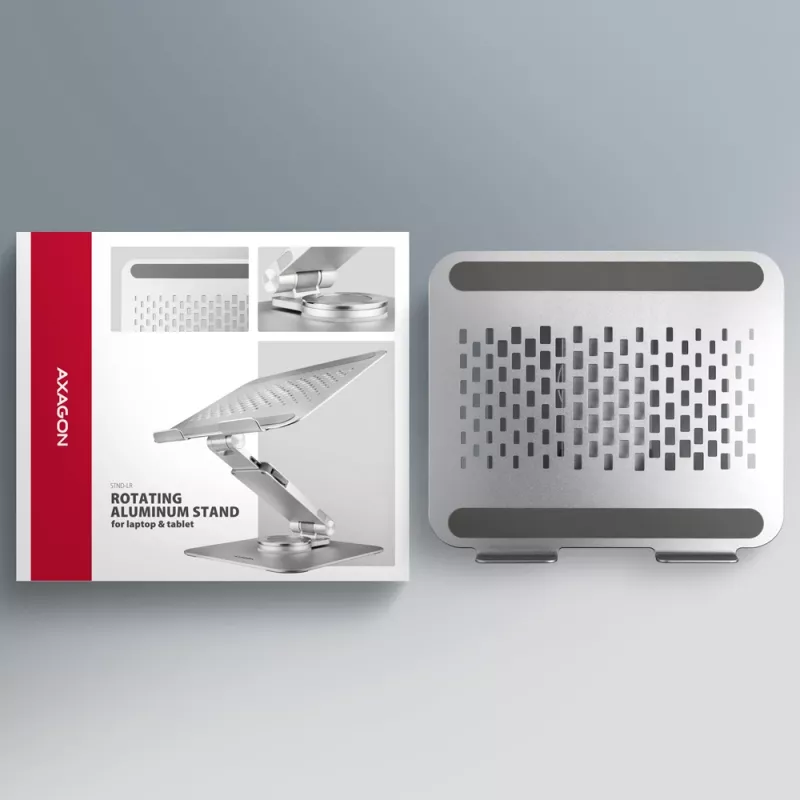 Axagon STND-LR Aluminiowa podstawka z obrotem 360° do laptopów 10″–17.3″. Regulowana wysokość i kąt.
