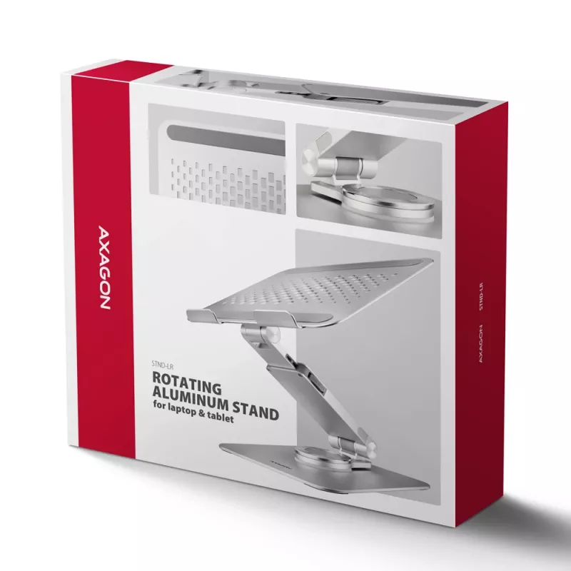 Axagon STND-LR Aluminiowa podstawka z obrotem 360° do laptopów 10″–17.3″. Regulowana wysokość i kąt.