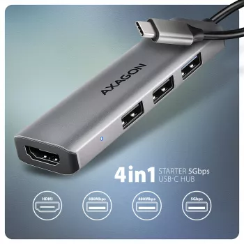 Axagon HMC-H3A USB 5Gbps hub, 3x USB-A, HDMI 4k/30Hz, 15cm kabel USB-C