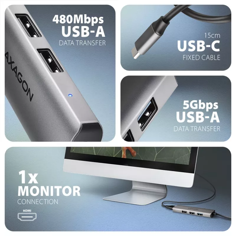 Axagon HMC-H3A USB 5Gbps hub, 3x USB-A, HDMI 4k/30Hz, 15cm kabel USB-C