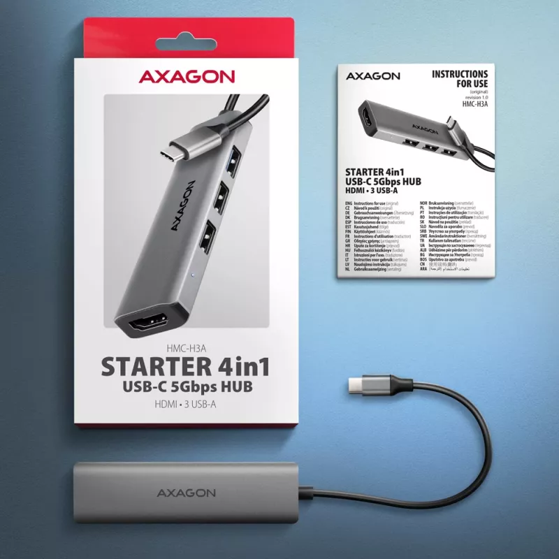 Axagon HMC-H3A USB 5Gbps hub, 3x USB-A, HDMI 4k/30Hz, 15cm kabel USB-C