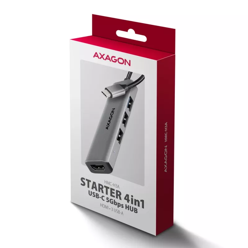 Axagon HMC-H3A USB 5Gbps hub, 3x USB-A, HDMI 4k/30Hz, 15cm kabel USB-C