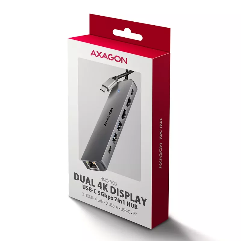 Axagon HMC-7HX2 USB 5Gbps hub, 2x USB-A, USB-C, 2x HDMI 4k/60Hz, RJ-45, PD 100W