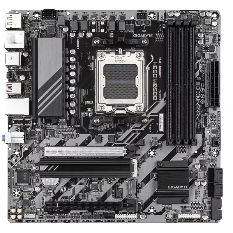 Płyta główna GIGABYTE B850M DS3H - procesory AMD Ryzen 9000 Series, 16+2+2 fazy cyfrowego VRM, do 8200MHz DDR5 (OC), 1xPCIe 5.0 + 1xPCIe 4.0 M.2, 2.5 LAN, USB 3.2 Gen 2