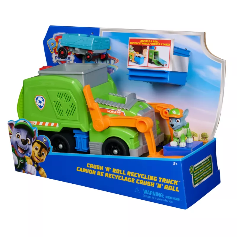 PAW Patrol: Ciężarówka Recyklingowa Crush N’ Roll z Figurką Rocky’ego i Przekształcającą się Zgniecioną Śmieciarką, Zabawki dla Chłopców i Dziewczynek od 3 lat