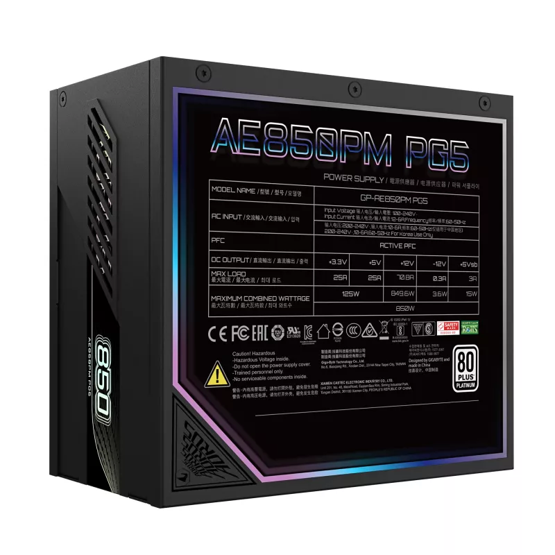 Zasilacz GIGABYTE AORUS ELITE P850W - PCIe 5.0, 80 PLUS Platinum, w pełni modułowa konstrukcja, wentylator 120 mm, zgodny z ATX 3.0, wtyczka EU