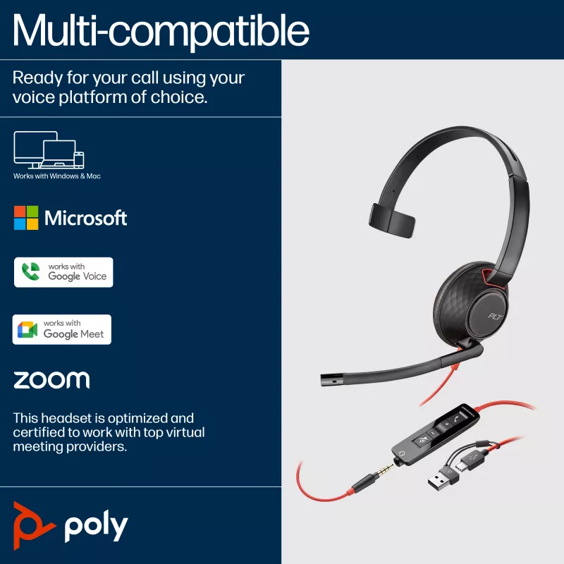 Zestaw słuchawkowy HP Poly Czarnywire 5210 monofoniczny USB-C + wtyczka 3,5 mm + adapter USB-C/A