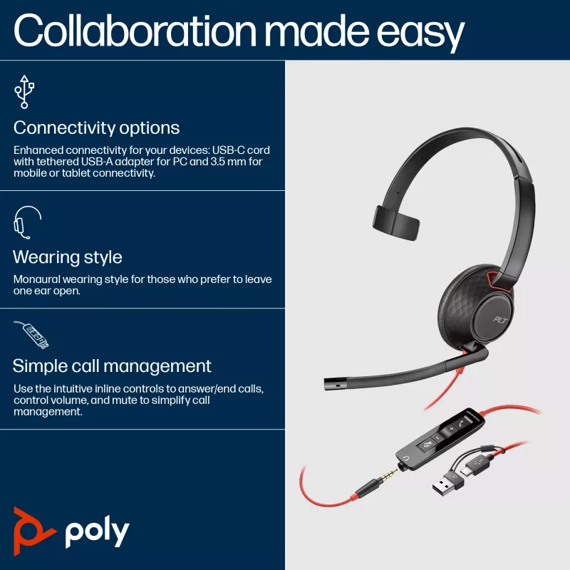 Zestaw słuchawkowy HP Poly Czarnywire 5210 monofoniczny USB-C + wtyczka 3,5 mm + adapter USB-C/A
