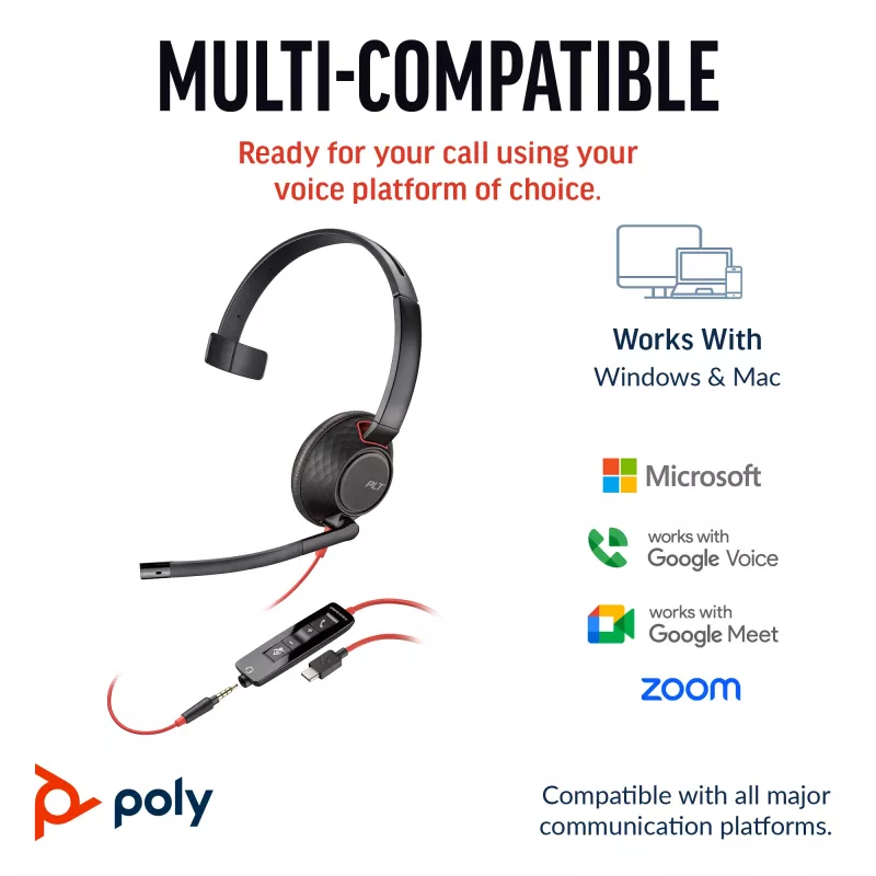 Zestaw słuchawkowy HP Poly Czarnywire 5210 monofoniczny USB-C + wtyczka 3,5 mm + adapter USB-C/A